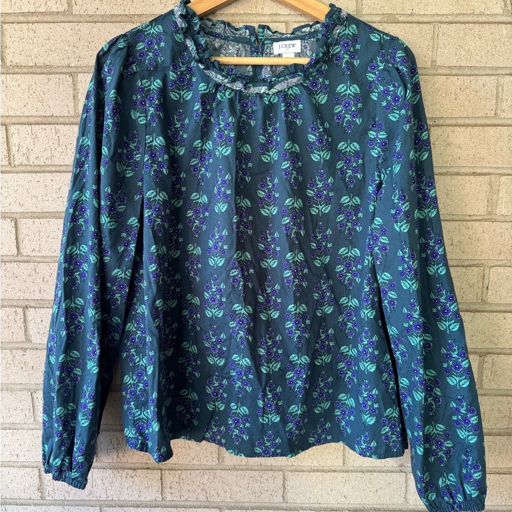 J. Crew Ruffleneck Teal Purple Floral Long Sleeve Poplin Blouse Large - Picture 2 of 9
